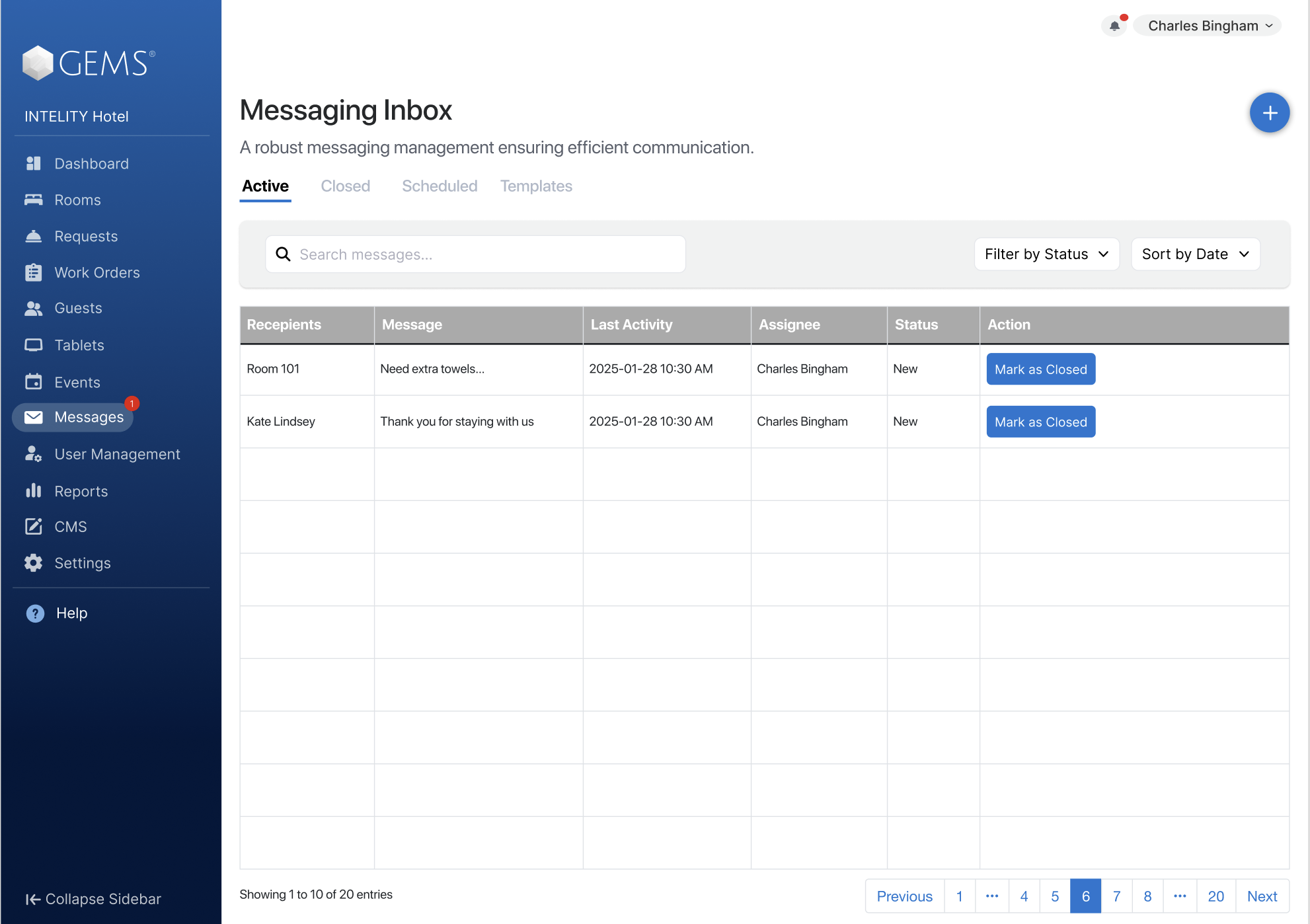 Messaging inbox, early iteration